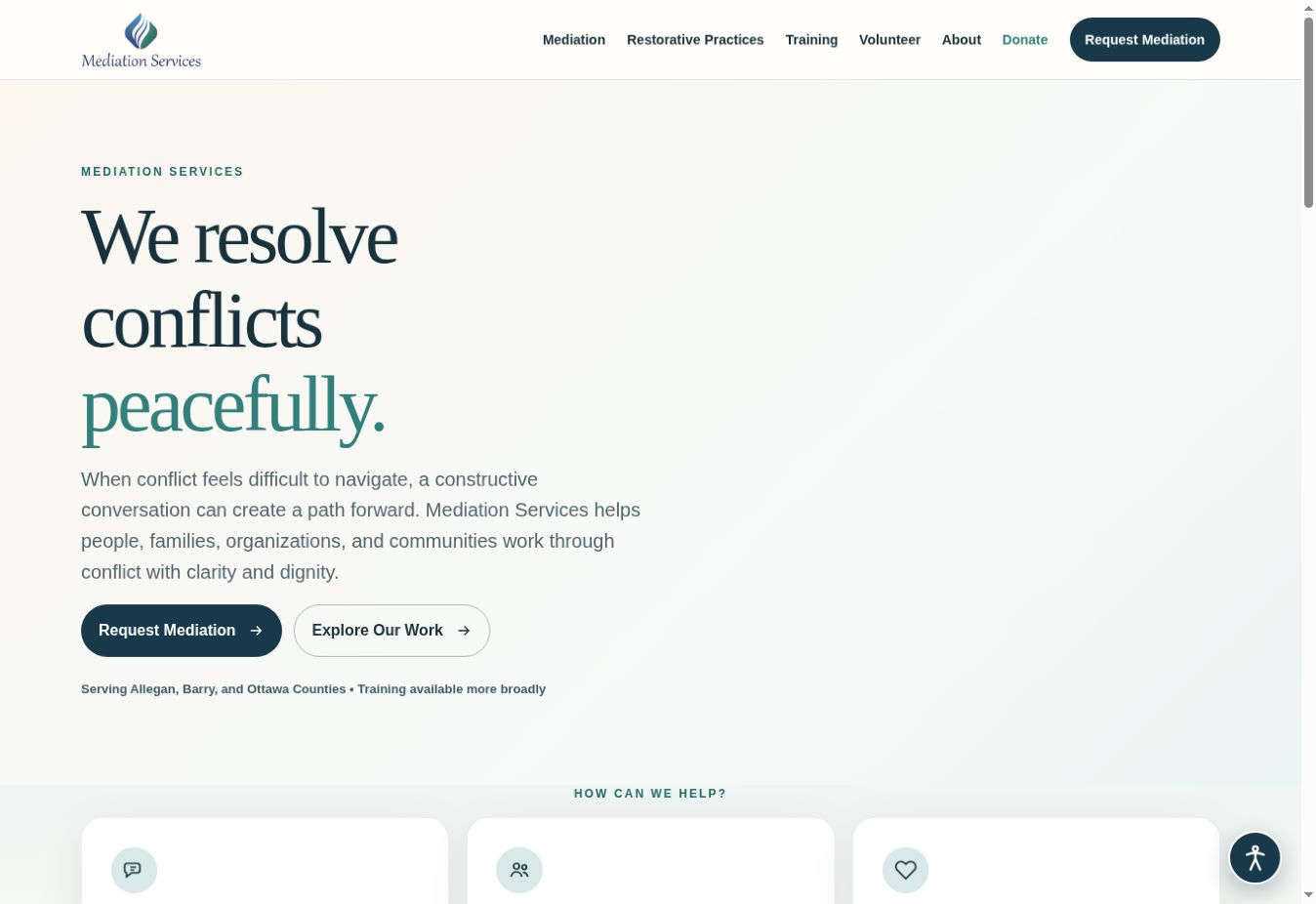 Current homepage of the live Mediation Services of West Michigan website, showing the headline We resolve conflicts peacefully